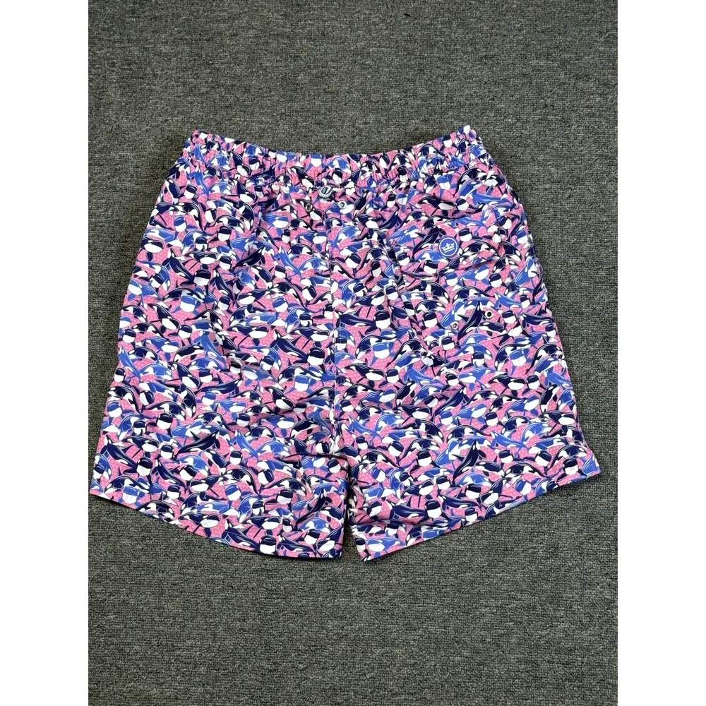 Peter Millar Seaside Mens Swim Trunks Medium Pink & Blue Orca Print Beach Surf